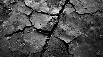 Dry cracked soil highlighting the effects of drought and water scarcity on the environment and agricultural lands in a black and white aesthetic.