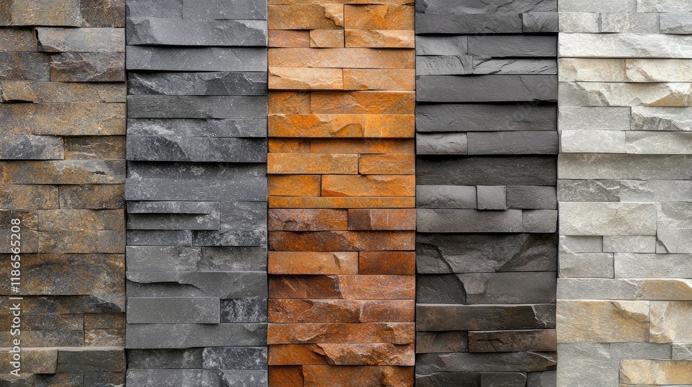 Poster textured wall close-up showcasing a mix of slate and stone patterns in various colors for architectu