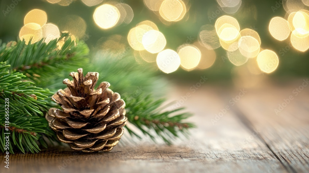 Aufkleber pine cone and evergreen sprig on wooden table with festive bokeh lights in soft focus creating a war