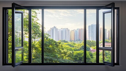 Fototapeta premium Serene Cityscape: A Tranquil View Through Open Casement Windows