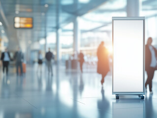 People walking in a busy modern terminal with an empty display stand in the foreground during daylight hours