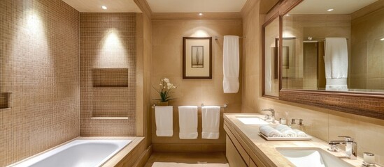 Obraz premium Elegant bathroom design with light tiles and contemporary mirror ideal for modern home aesthetics and stylish interiors
