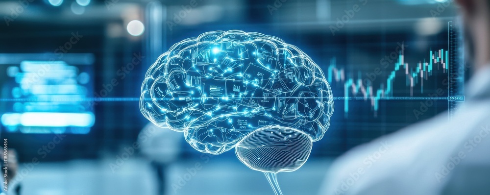 Poster a digital brain illustration overlaying data graphs, symbolizing the intersection of neuroscience an