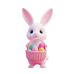 Cute cartoon 3D render of Easter bunny holding basket with pastel colored eggs.