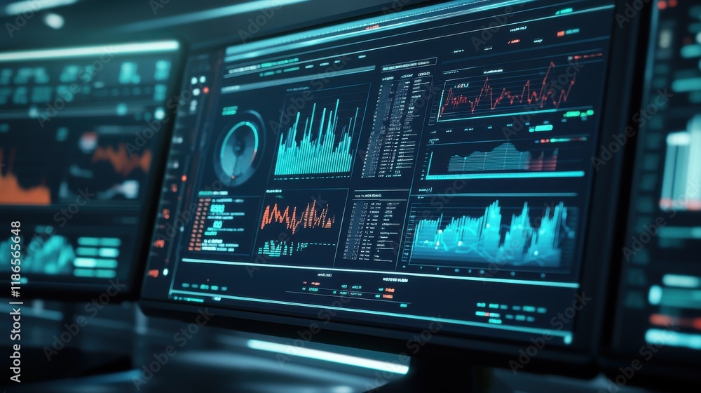 Poster computer screen displaying graphs and data for analysis. suitable for business presentations and fin