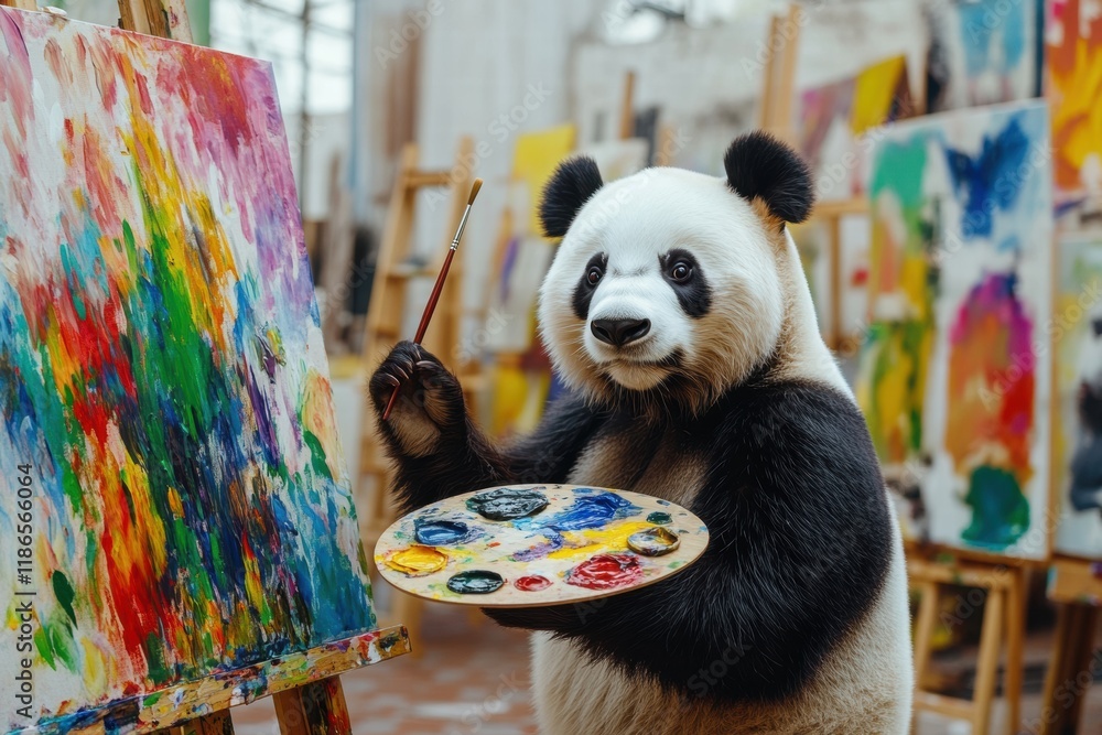 Poster Panda creatively painting with a brush and palette in a colorful art studio filled with vibrant artwork. Generative AI