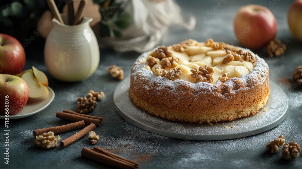 Poster Homemade apple pie cake with walnuts and cinnamon sticks on a rustic background featuring fresh apples and ample copy space