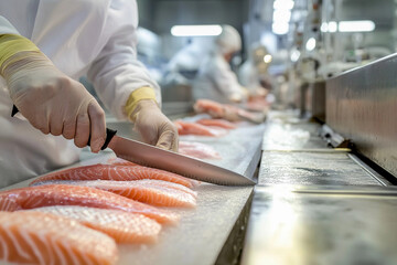 Skilled chef butchers fresh salmon fillets in a bustling seafood processing facility during working hours