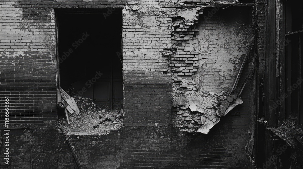 Poster ruins of abandoned brick building showcasing weathered walls and crumbling architecture in a monochr