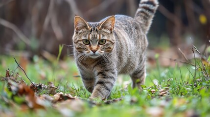 Obraz premium Feline Exploration in Nature: A Detailed Look at Cat Behavior in Outdoor Environments