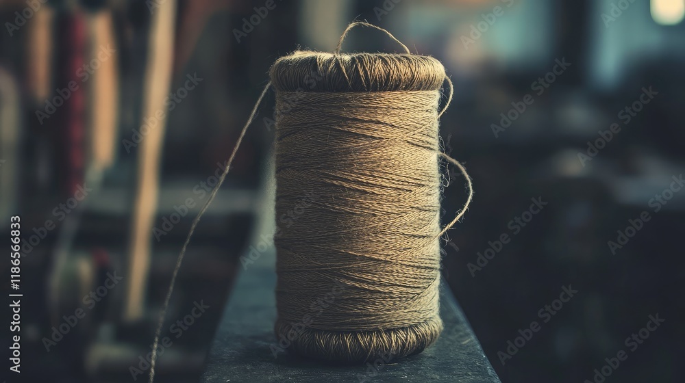 Poster vintage spool of thread resting on a workbench in a rustic crafting workshop with soft natural light
