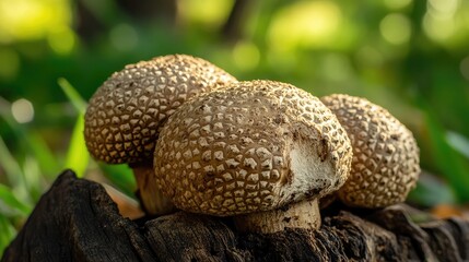 Obraz premium Textured edible mushrooms on a wooden log in a natural green setting showcasing fresh truffles in their natural habitat.