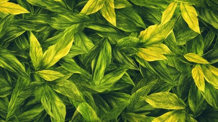 Vibrant tropical leaves texture creating an abstract nature background filled with varying shades of green and yellow foliage