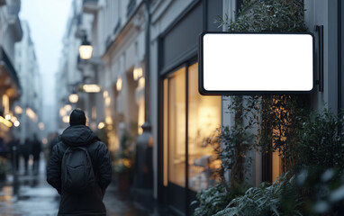 Mockup hanging sign, signage, lightbox. Poster city box, projecting blade sign. Template signage advertising citylight. Mockup outside signage, city light box, hanging sign. Realistic style photo
