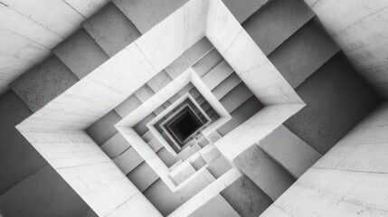 Obraz premium Abstract grayscale image of a spiraling, receding concrete structure creating an optical illusion of depth and infinity.