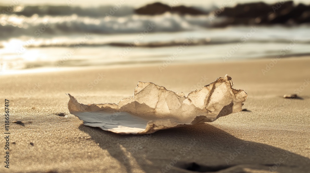 Poster torn piece of aged paper resting on sandy beach with gentle waves in background creating a serene co