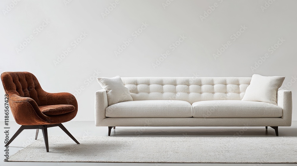 Poster scandinavian inspired interior featuring a white sofa and brown accent chair on a neutral background