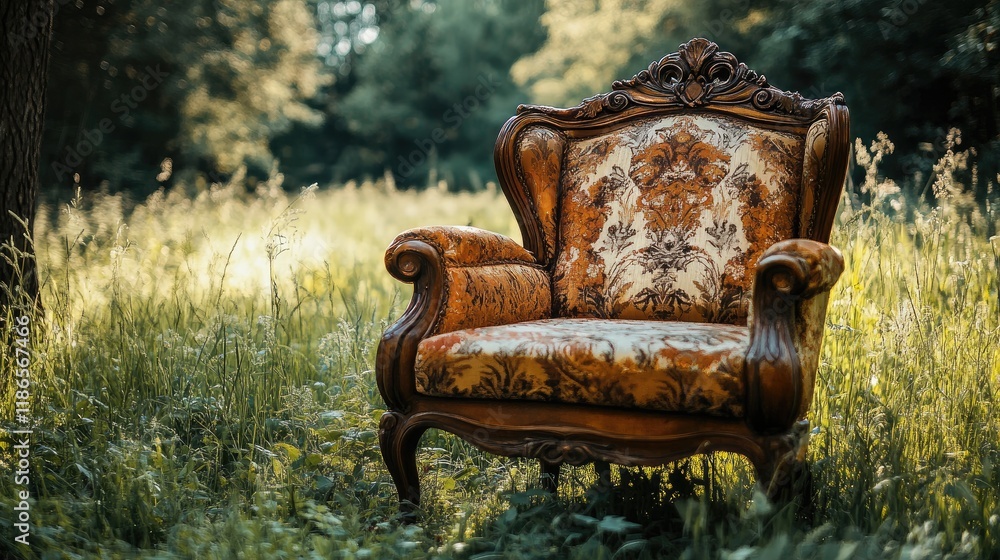 Aufkleber antique vintage chair in serene natural setting surrounded by lush greenery and soft sunlight creati