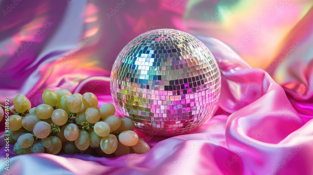 Poster colorful disco ball centerpiece with fresh grapes on vibrant silk fabric creating a lively and aesth