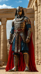 Ancient Warrior in Ornate Armor Stands Before Ruins