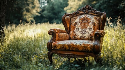 Antique vintage chair in serene natural setting surrounded by lush greenery and soft sunlight creating a tranquil resting spot