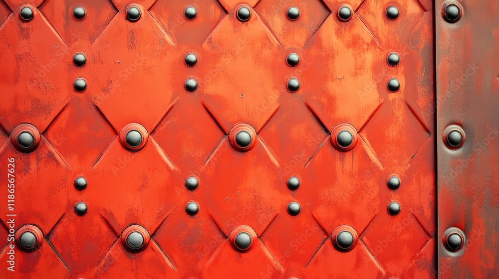 Leinwandbilder textured vintage metal surface with orange and red hues adorned with decorative studs and geometric 