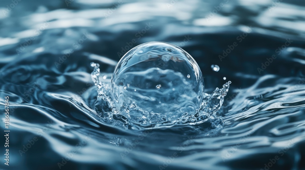 Poster Close-up of a transparent spherical bubble emerging from water creating ripples and reflecting light in high-resolution clarity