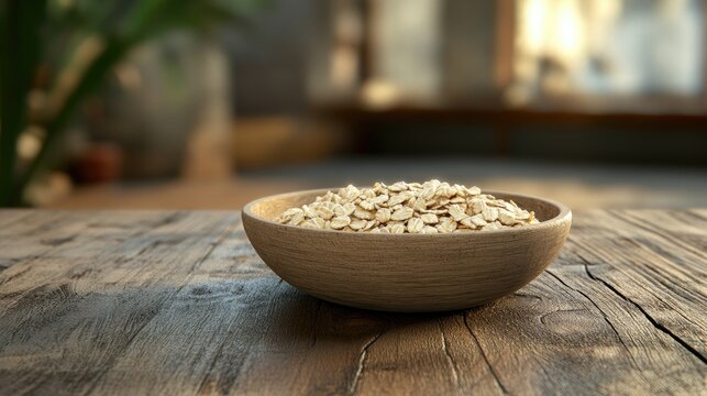Healthy oatmeal in a rustic wooden bowl on a kitchen table promoting nutritious eating for slimming diets and wellness lifestyle.