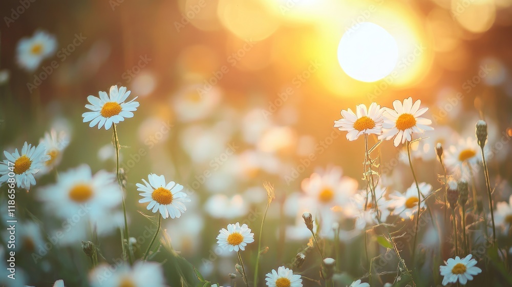Poster blurry barbed wire fence with chamomile flowers illuminated by a warm sunset glow creating a serene 