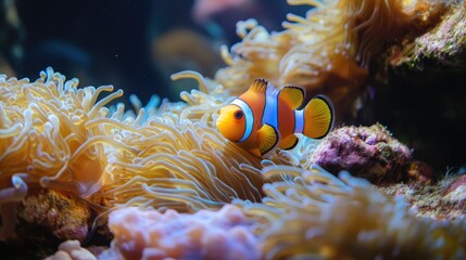 Fototapeta premium Vibrant clownfish swimming among colorful anemones in a serene underwater ecosystem showcasing the beauty of marine life.