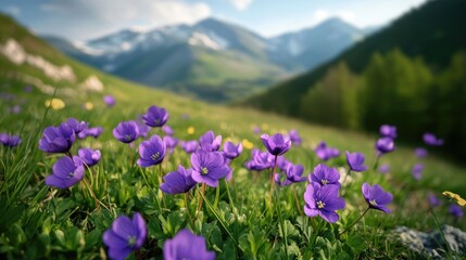 Vibrant violet wildflowers blooming in mountainous spring landscape with lush green valleys and distant snow-capped peaks.
