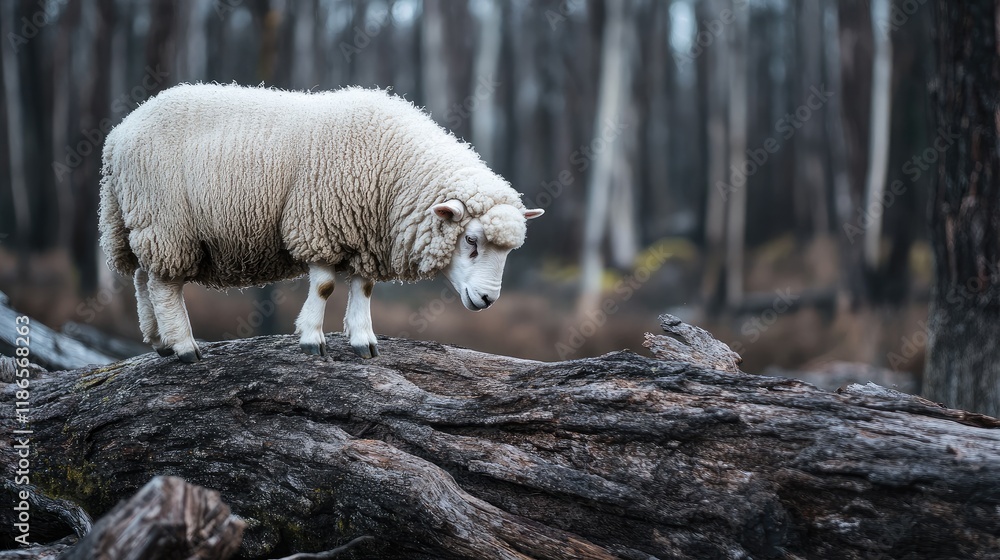 Aufkleber Sheep Grazing on a Fallen Log in a Forest Setting with Soft Natural Light