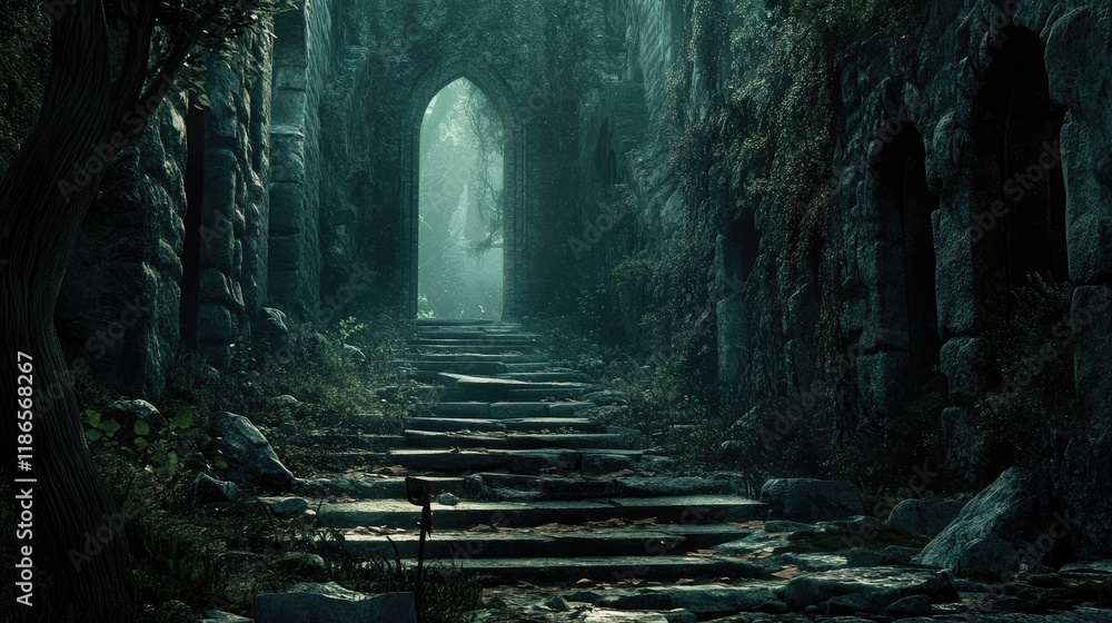 Poster mysterious stone pathway leading to an ancient archway surrounded by lush greenery and soft light fi