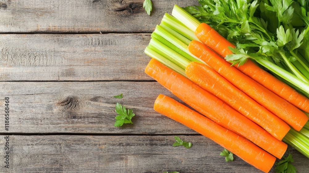 Poster fresh carrots and celery arranged on a rustic wooden table showcasing healthy vegetables for culinar