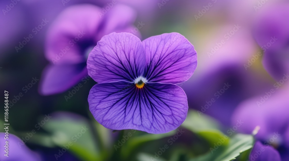 Poster vibrant violet pansy flower showcasing intricate petal details and soft blurred background perfect f