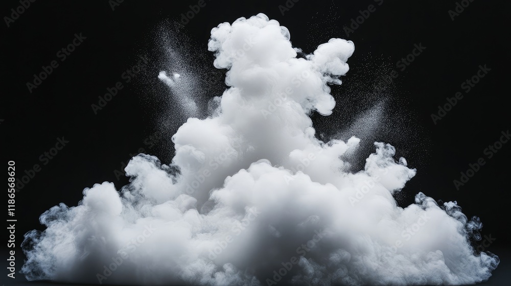 Poster fluffy white smoke cloud isolated on dark background creating abstract atmospheric effects