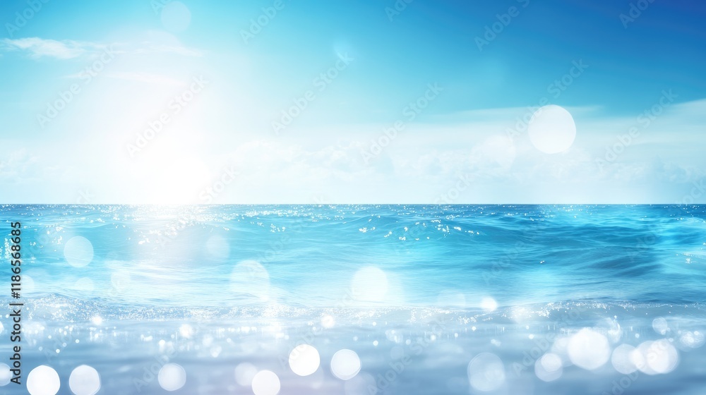 Aufkleber Abstract Ocean Horizon with Bokeh Effect Under Bright Sunlight for Relaxation in Spring and Summer Calm Blue Water Background