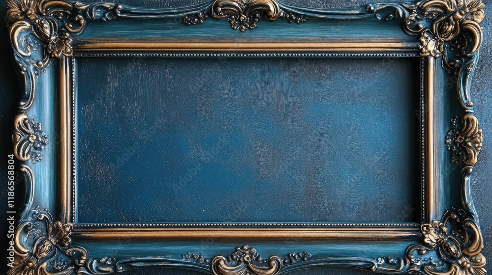 Poster Antique ornate photo frame with intricate carvings and a deep blue background for elegant display and artistic presentation.