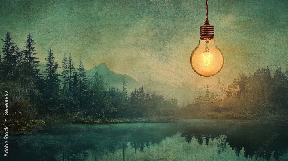 Poster vintage light bulb illuminated over serene lake landscape with lush trees and misty mountains in the