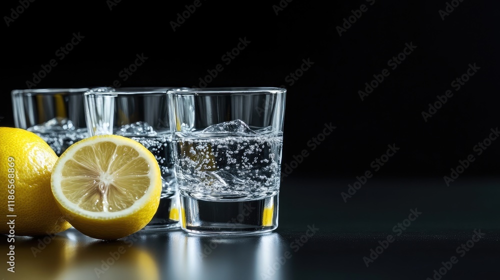 Poster Vodka glasses with bubbles and fresh lemon slices on a dark background for a refreshing beverage concept