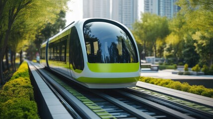 Obraz premium Modern Electric Train Promoting Sustainable Urban Transportation and Green Energy Solutions in a Lush City Environment