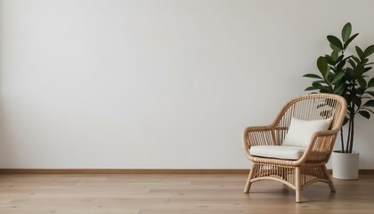 A minimalist living room with a beige wicker armchair and a plain white wall