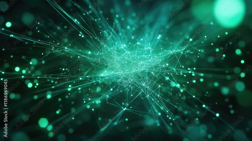 Poster Abstract visualization of advanced technology and network connectivity with green glowing particles and interconnected lines creating a digital landscape