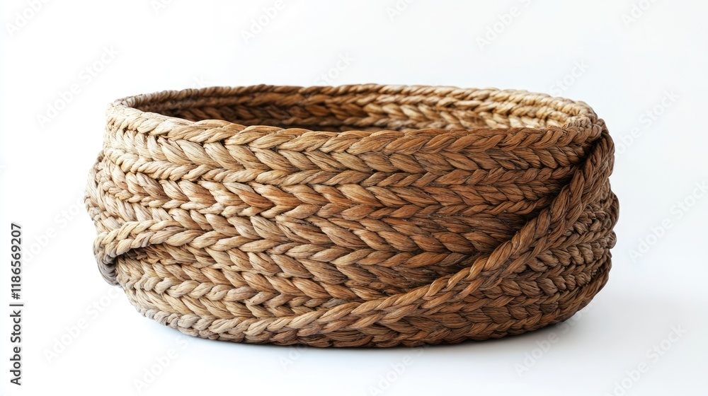 Poster Handcrafted vintage wicker basket with intricate weaving design isolated on a clean white background showcasing rustic craftsmanship.