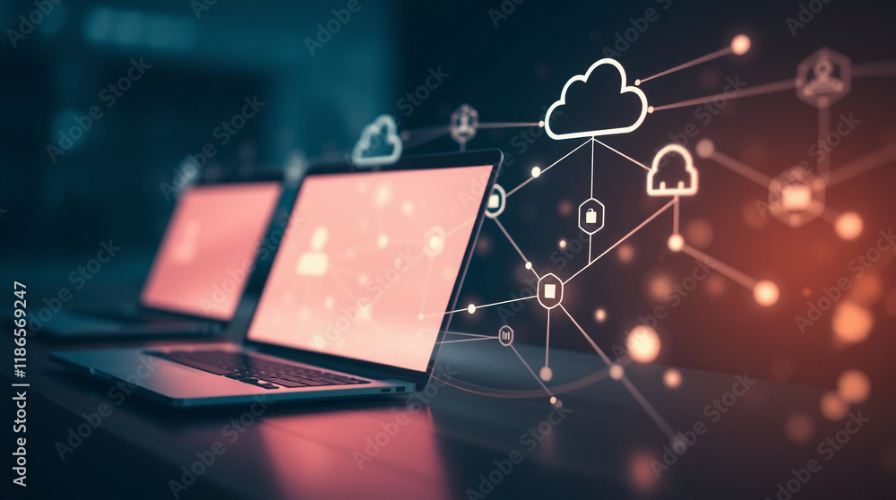 Poster laptops connected to a cloud network, symbolizing data sharing and collaboration. modern technology 