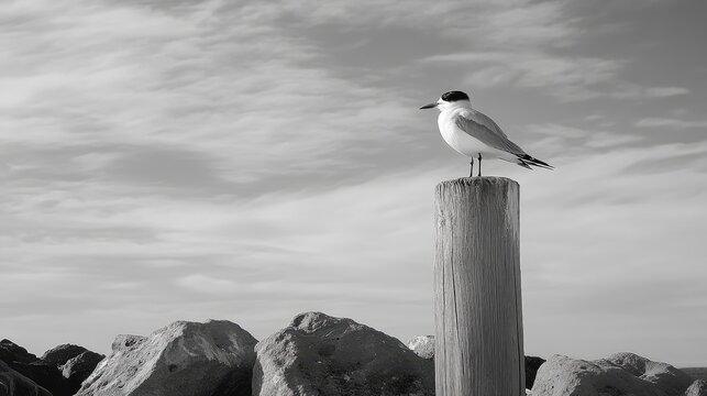Graceful black and white tern perched on wooden pole preening in winter sunlight at rocky harbor groyne against serene cloudy sky