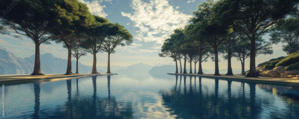 Poster tranquil lakeside view with tall trees reflecting in calm water, creating a serene atmosphere perfec