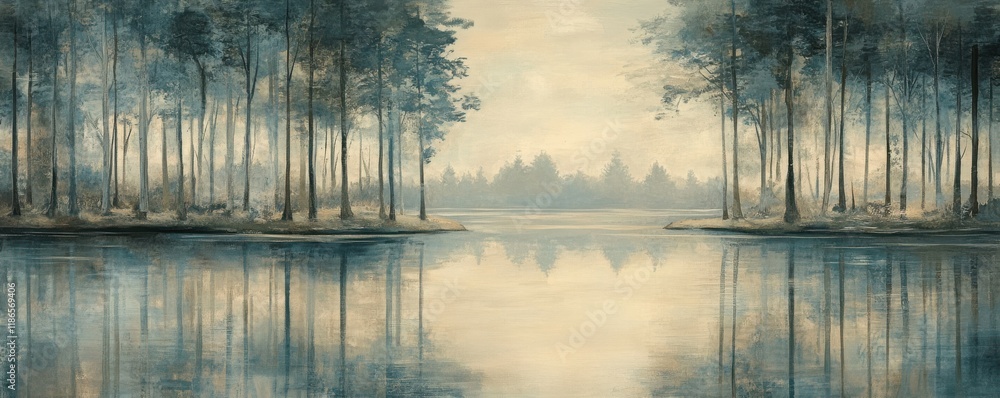 Poster tranquil lakeside view with tall trees reflecting in calm water, creating a serene atmosphere perfec