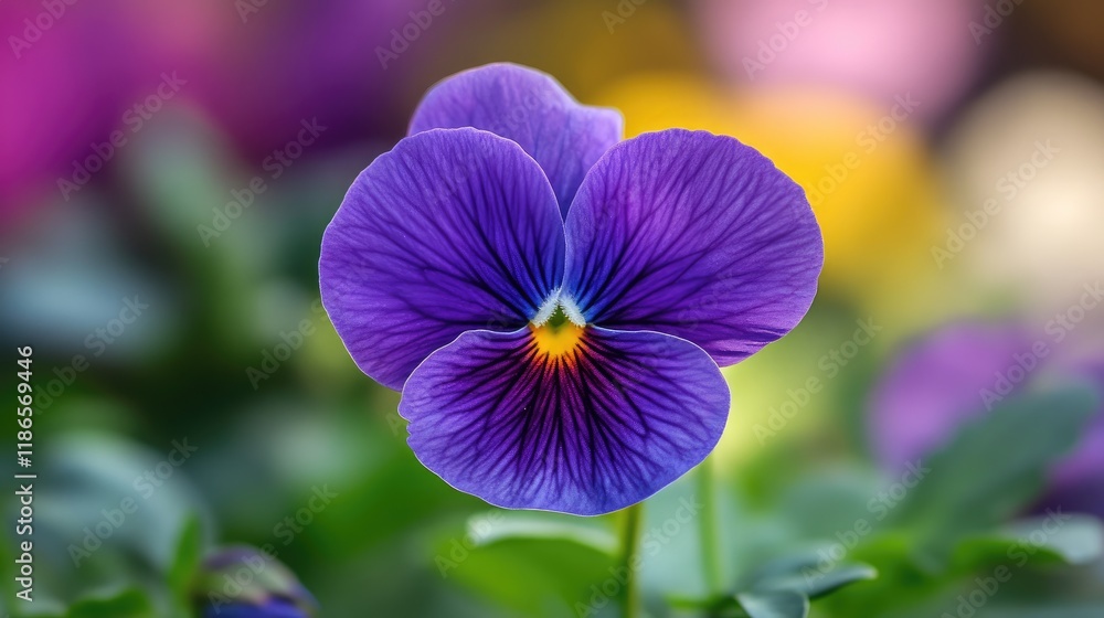 Poster vibrant violet pansy flower with delicate petals showcasing intricate textures and colors in a lush 