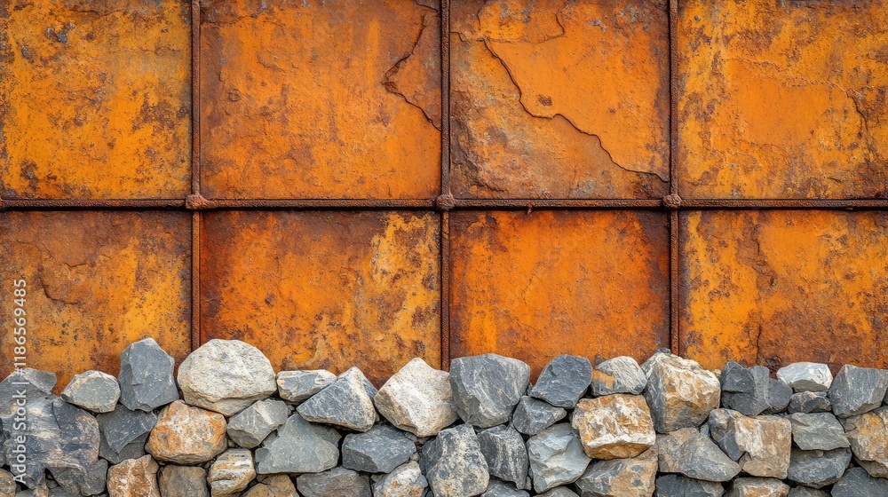 Poster Rustic orange brick wall with stone accents creating an abstract architectural background for creative projects and design elements.